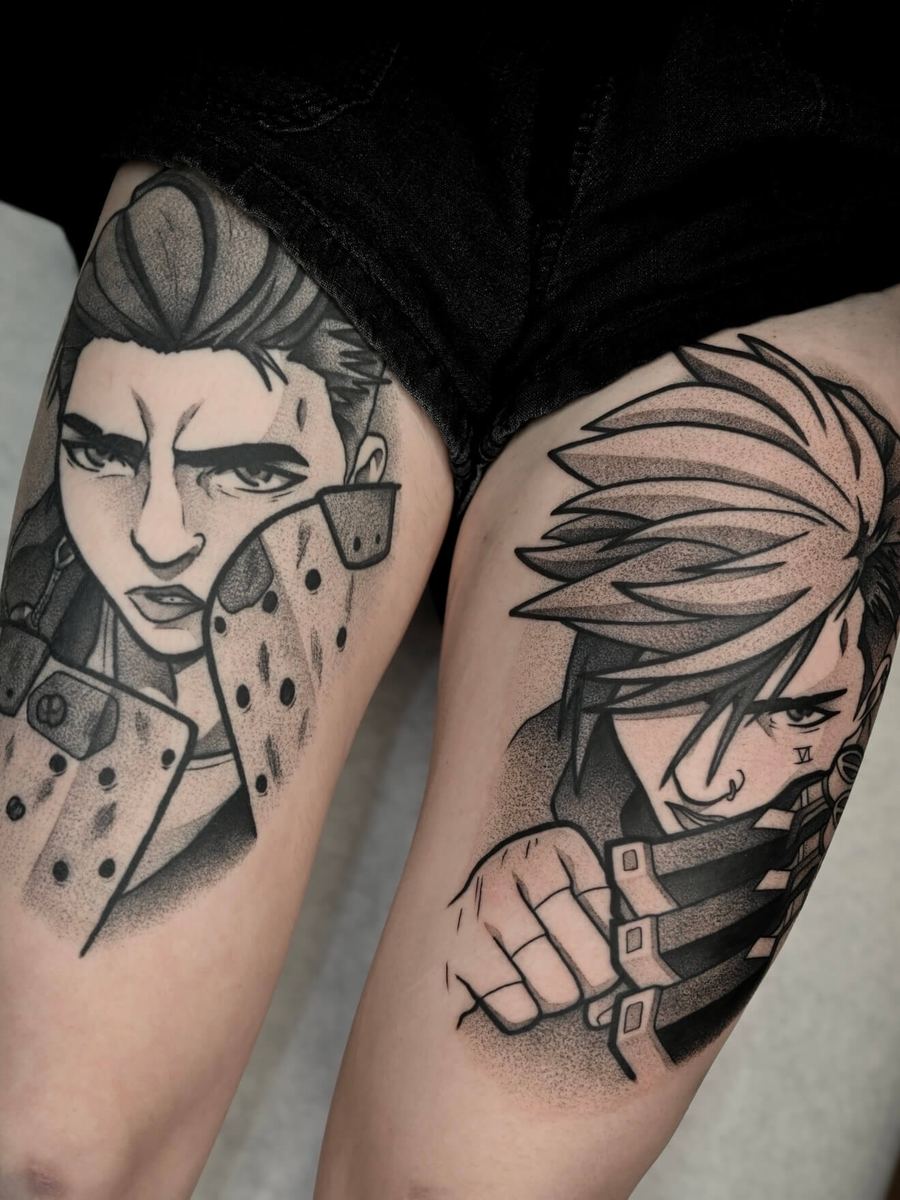 Vi tattoo, Arcane and League of Legends character composition, patterned clothing and grasping hand by Wade Whitman — Madison Heights MI tattoo artist