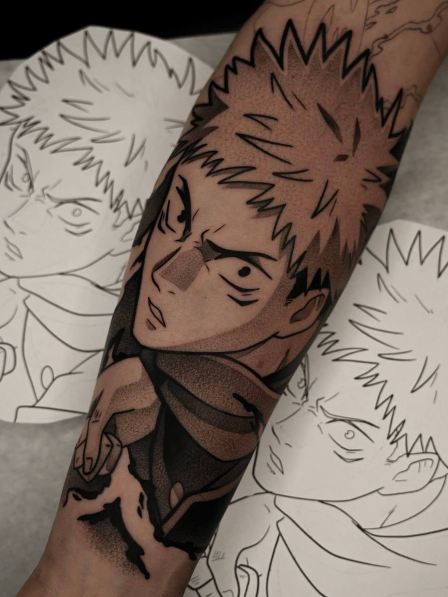 Yuji Itadori tattoo, Jujutsu Kaisen character forearm portrait with spiky hair and determined expression by Wade Whitman — Madison Heights MI tattoo artist