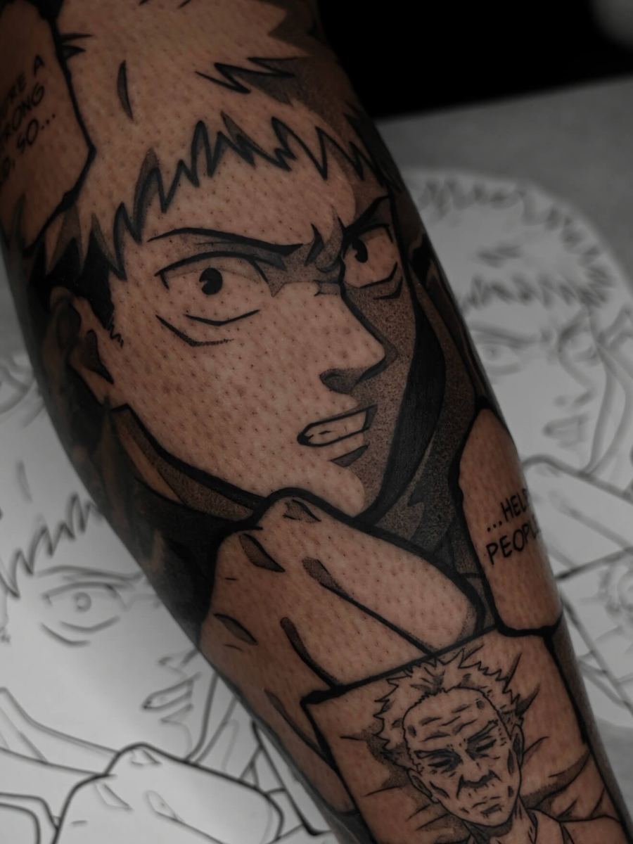 Yuji Itadori tattoo, Jujutsu Kaisen character with manga panel details and clenched fist by Wade Whitman — Madison Heights MI tattoo artist