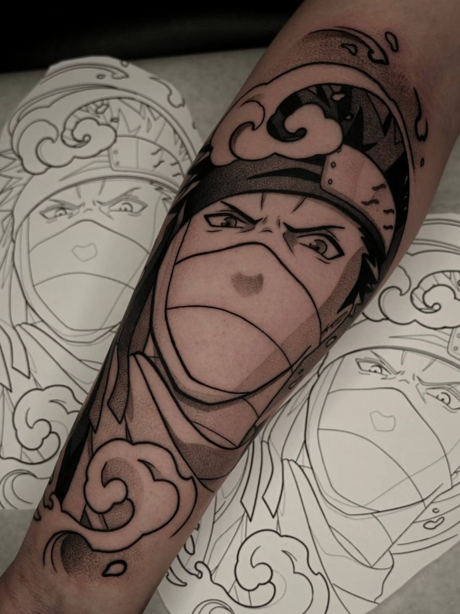 Zabuza tattoo, Naruto character with bandaged face and serious expression by Wade Whitman — Madison Heights MI tattoo artist