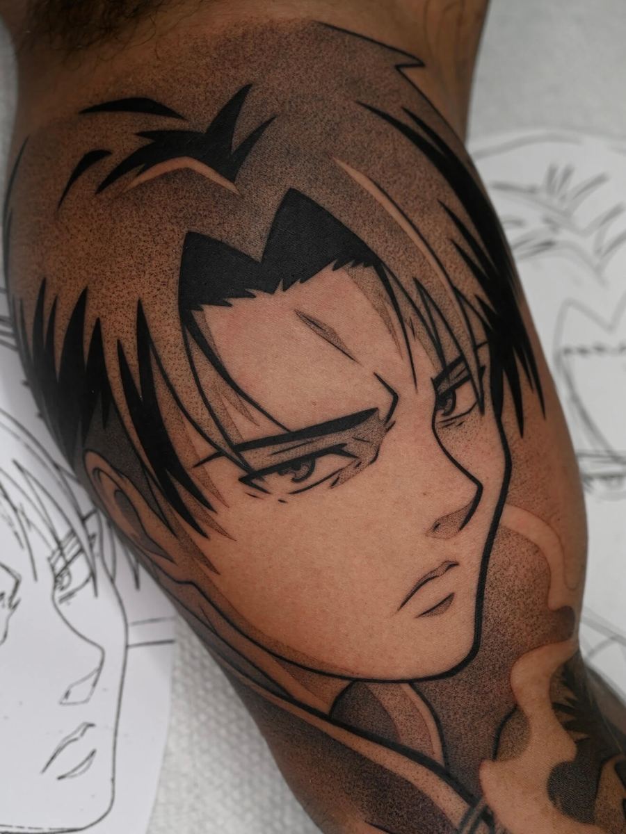 Attack on Titan character tattoo, Levi Ackerman portrait with undercut hairstyle by Wade Whitman — Madison Heights MI tattoo artist