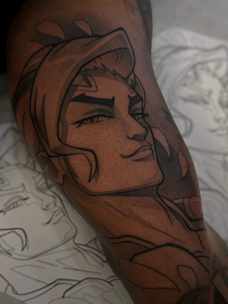 Lifeweaver tattoo, Overwatch character portrait wearing a tan beanie by Wade Whitman — Madison Heights MI tattoo artist