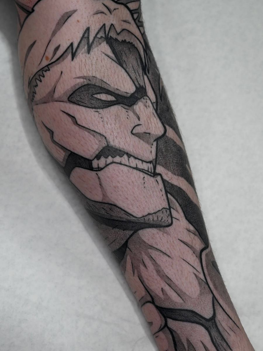 Armored Titan tattoo, Attack on Titan character muscular profile portrait by Wade Whitman — Madison Heights MI tattoo artist