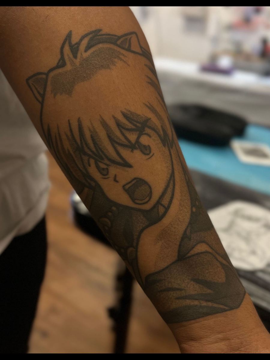 Inuyasha tattoo, sepia-toned character close-up portrait by Wade Whitman — Madison Heights MI tattoo artist