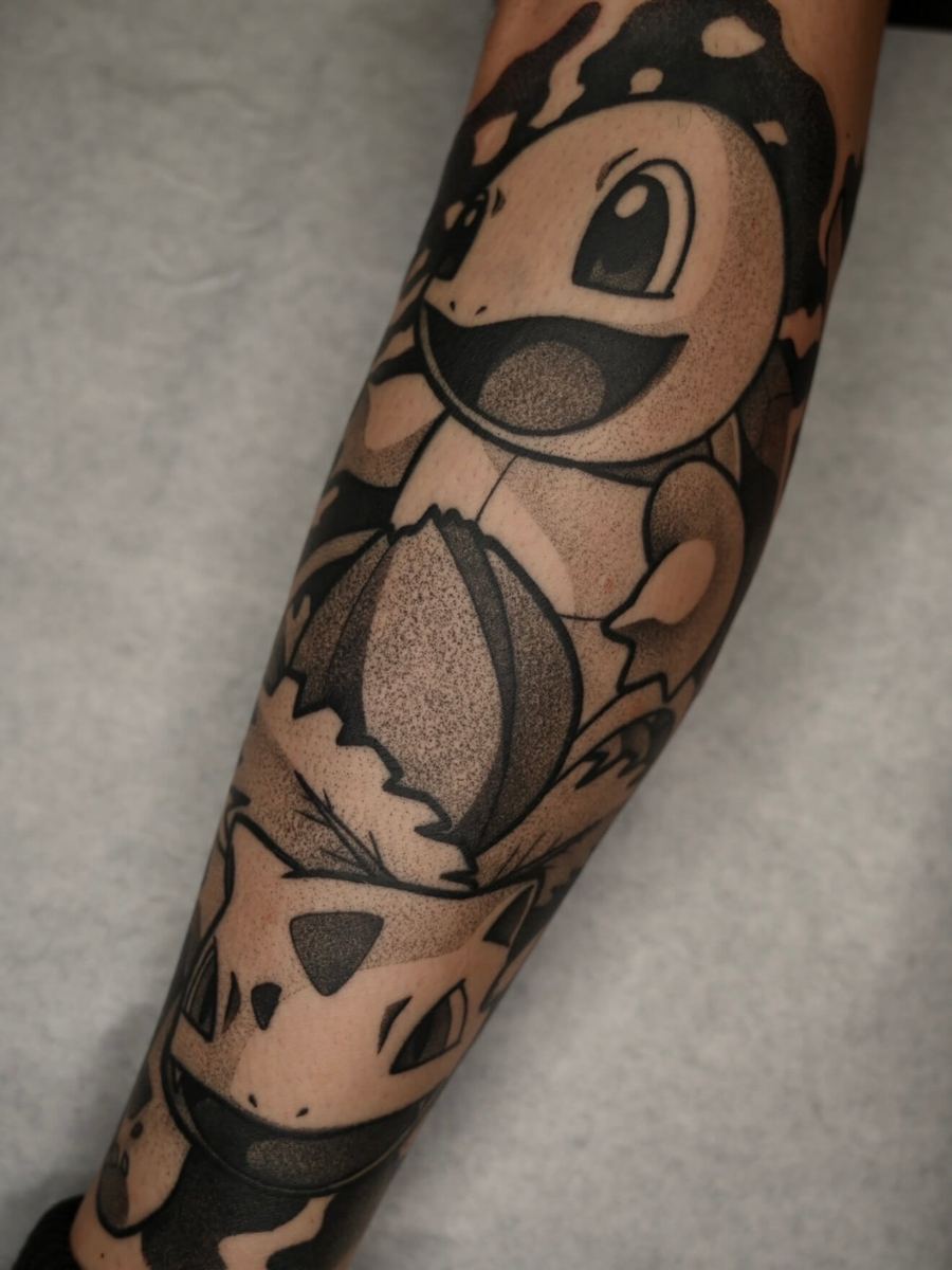 Squirtle and Ivysaur tattoo, Pokemon characters sleeve with shell shading by Wade Whitman — Madison Heights MI tattoo artist