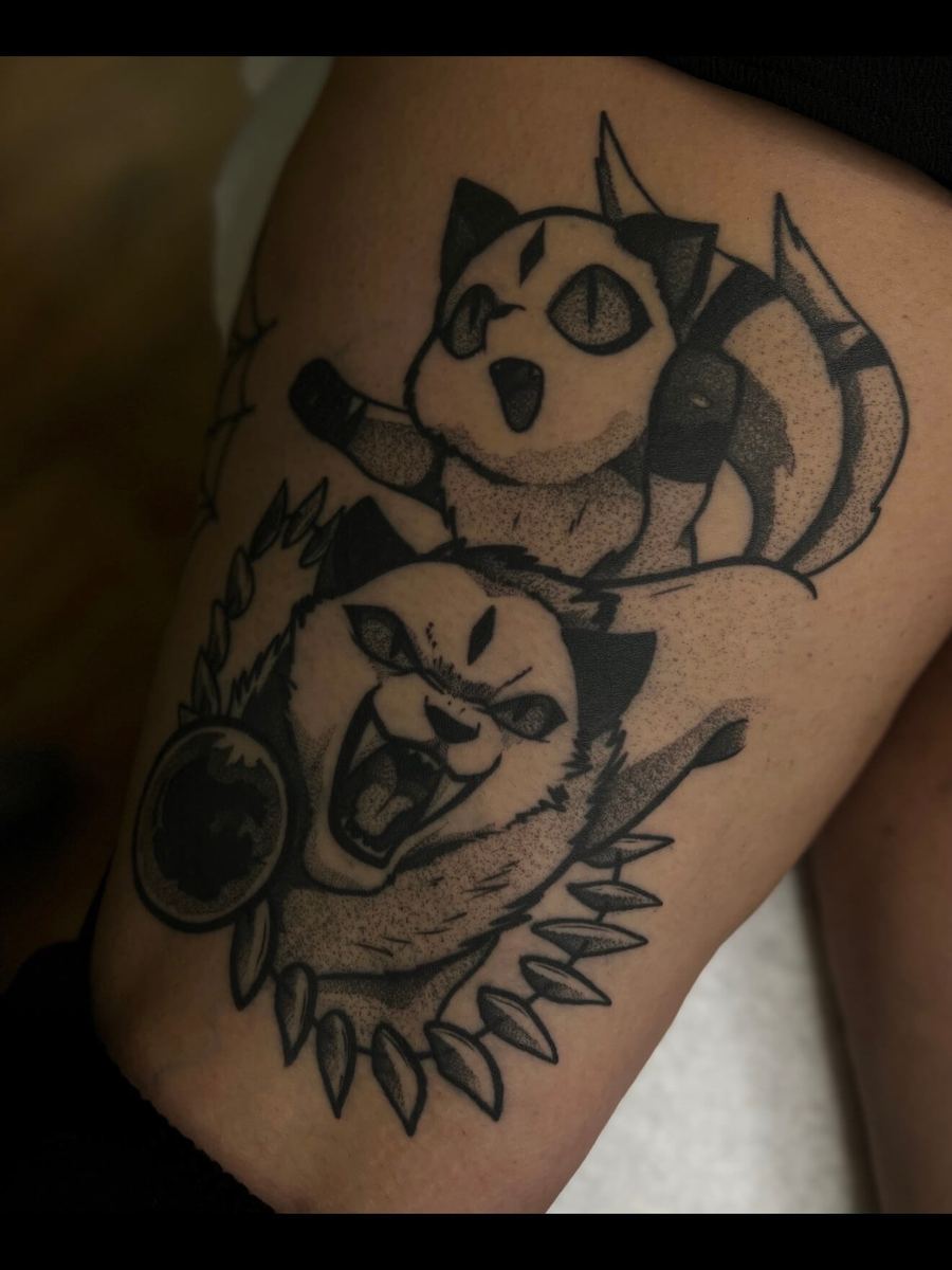 Kirara tattoo, Inuyasha creature character, two-form stacked composition by Wade Whitman — Madison Heights MI tattoo artist