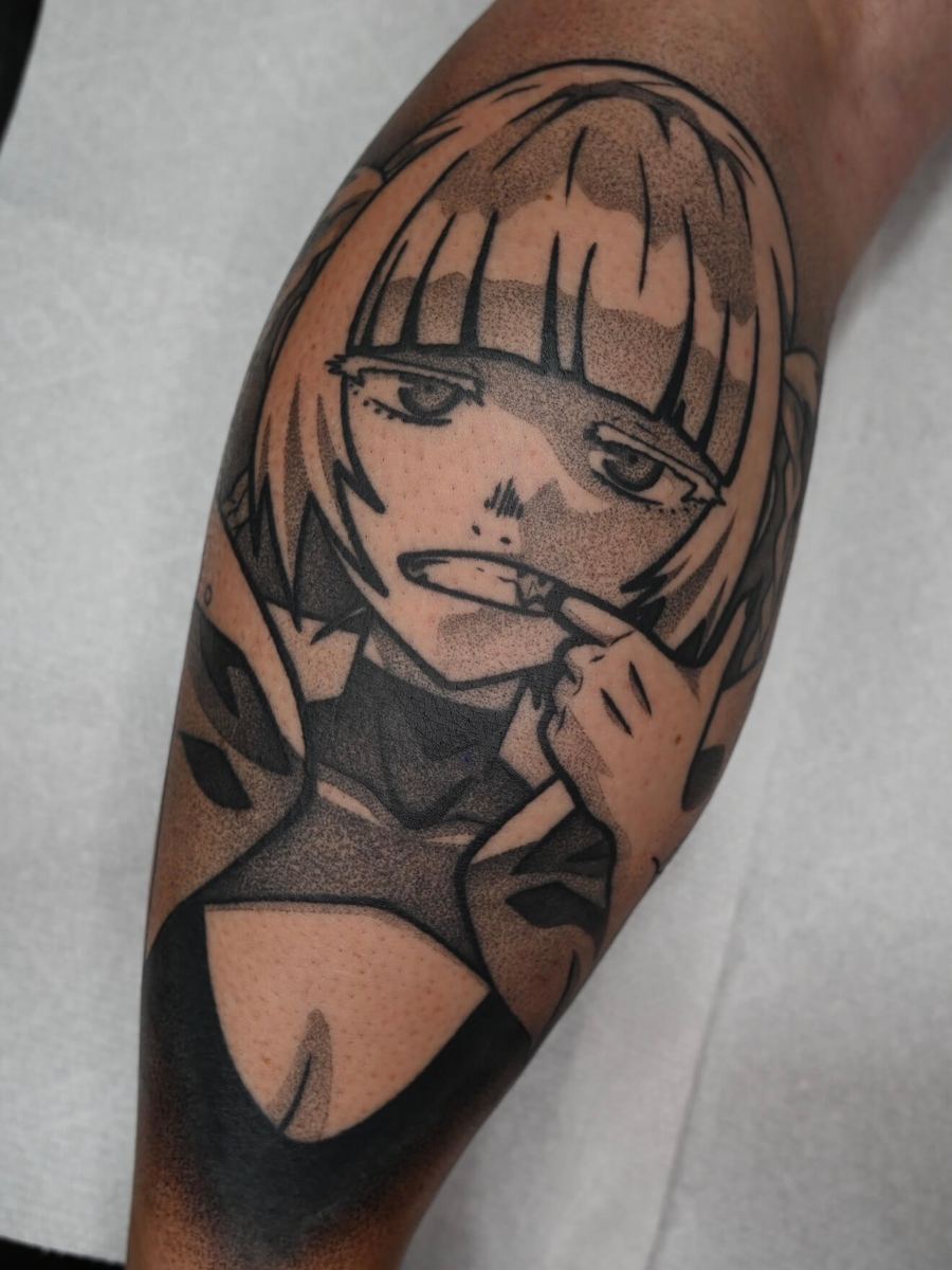 Nazuna tattoo, Call of the Night character wearing a beanie, mischievous smile by Wade Whitman — Madison Heights MI tattoo artist