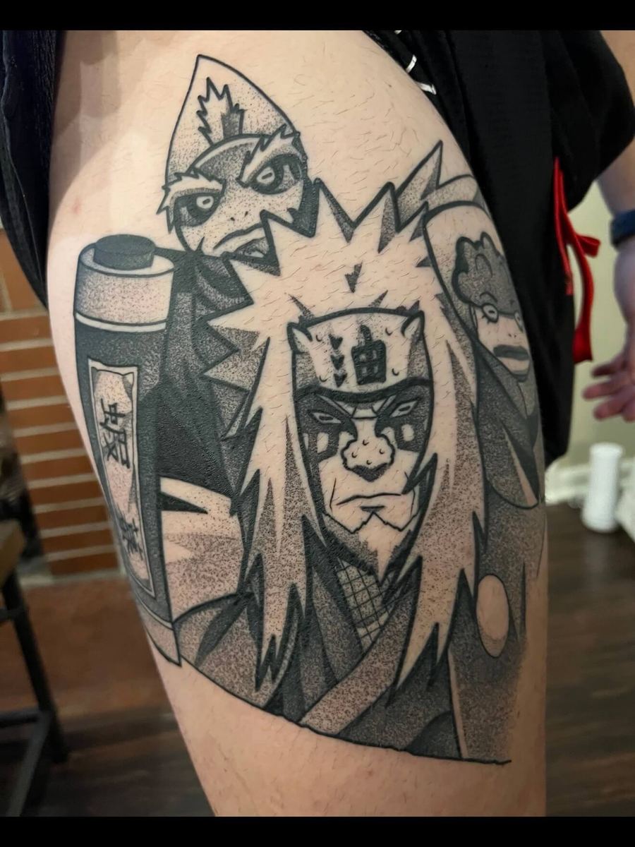 Sage Mode Jiraiya tattoo, Naruto Shippuden character with horned headband and scroll by Wade Whitman — Madison Heights MI tattoo artist