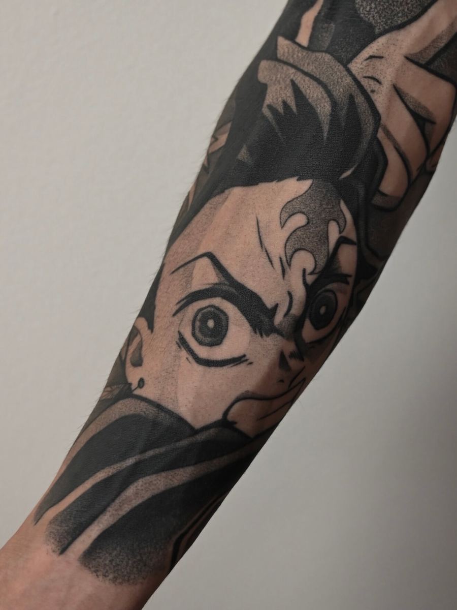 Tanjiro Kamado tattoo, Demon Slayer character dark side-profile portrait, serious expression by Wade Whitman — Madison Heights MI tattoo artist