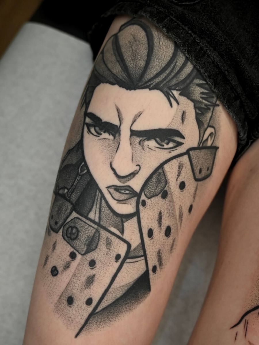 Vi tattoo, League of Legends and Arcane character with playing card and floral details by Wade Whitman — Madison Heights MI tattoo artist