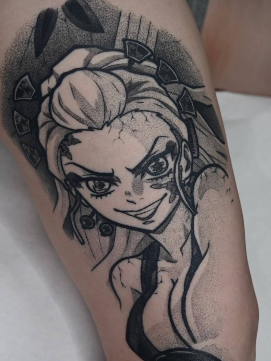 Daki tattoo, Demon Slayer Upper Moon character with floral hair accessory, smirking expression by Wade Whitman — Madison Heights MI tattoo artist