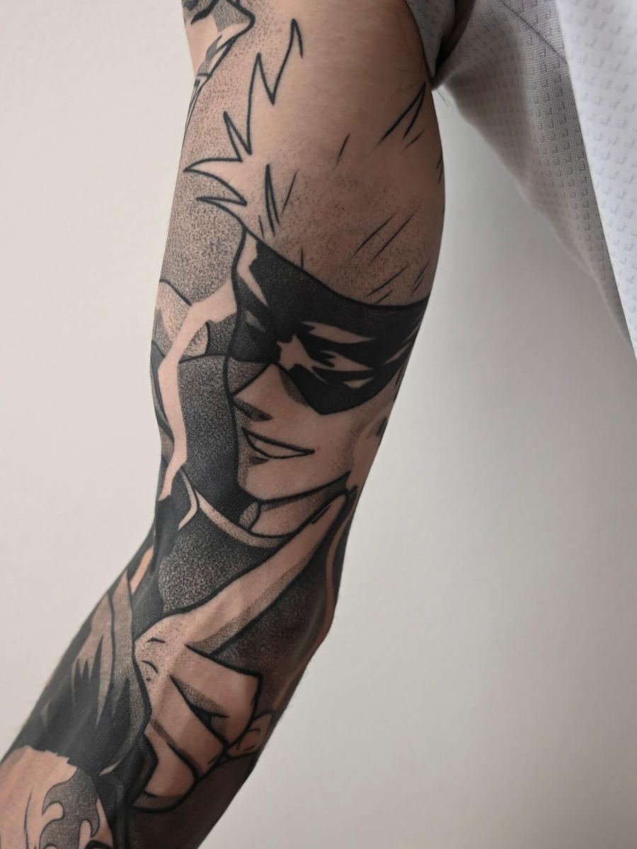 Satoru Gojo tattoo, Jujutsu Kaisen character sleeve with mask and partial color detailing by Wade Whitman — Madison Heights MI tattoo artist