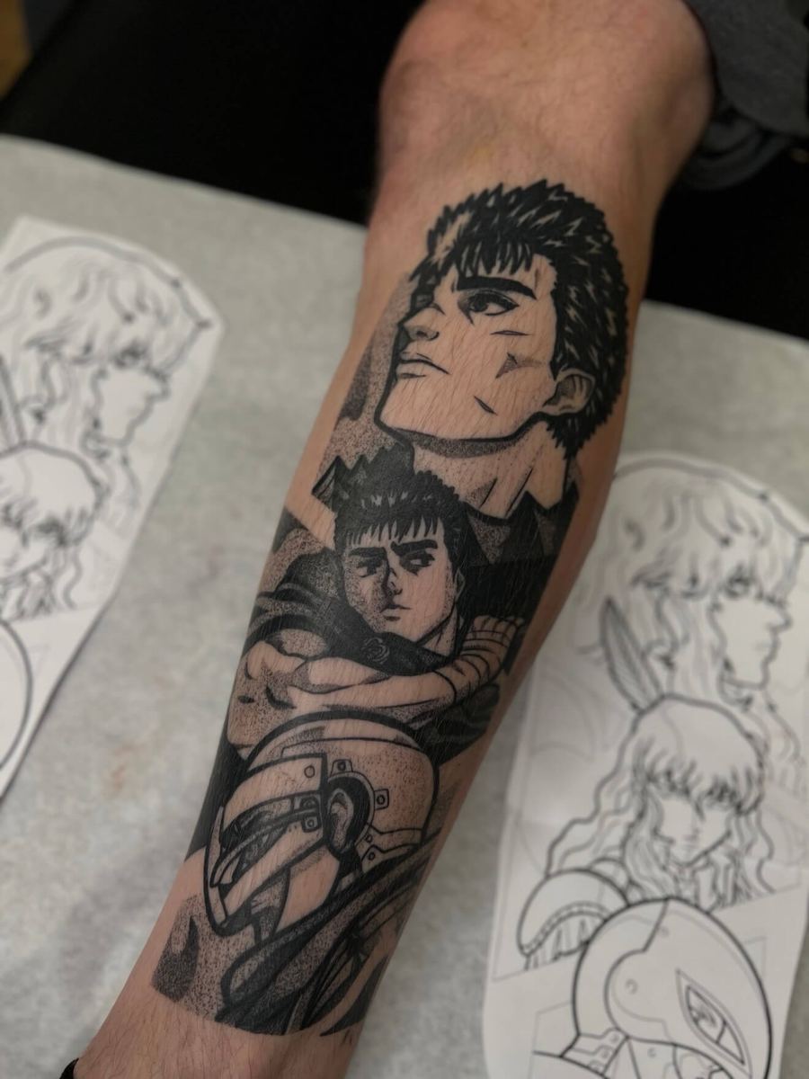 Guts tattoo, Berserk character composition in manga panels, paired with original sketch by Wade Whitman — Madison Heights MI tattoo artist