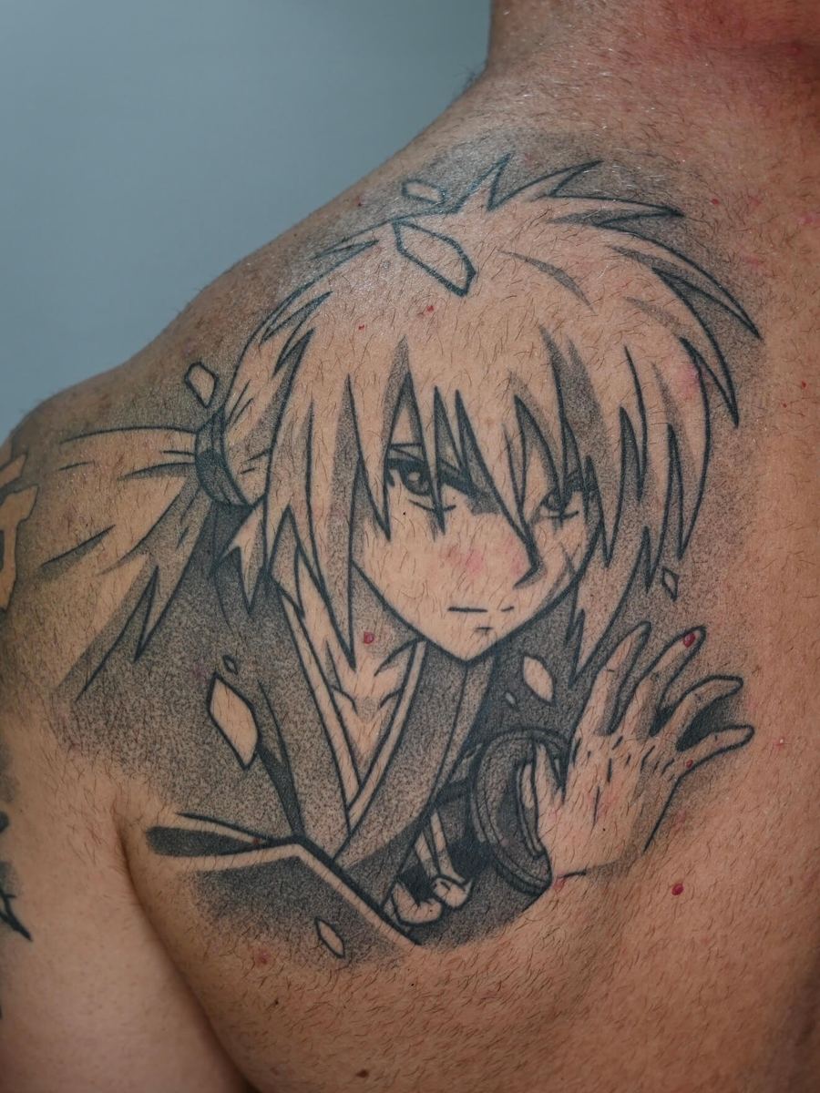 Himura Kenshin tattoo, Rurouni Kenshin character with hands raised defensively by Wade Whitman — Madison Heights MI tattoo artist