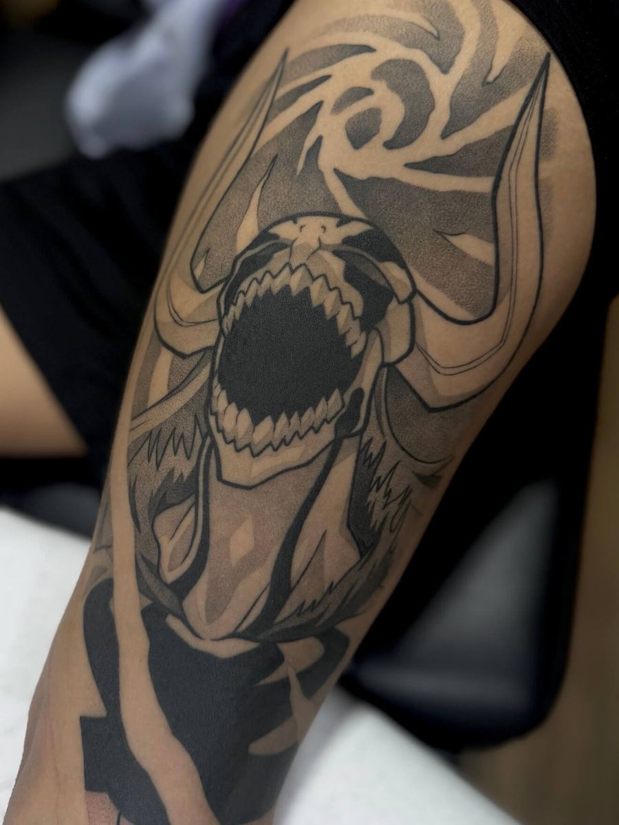 Hollow Ichigo tattoo, Bleach character roaring monster-style face with sharp fangs by Wade Whitman — Madison Heights MI tattoo artist