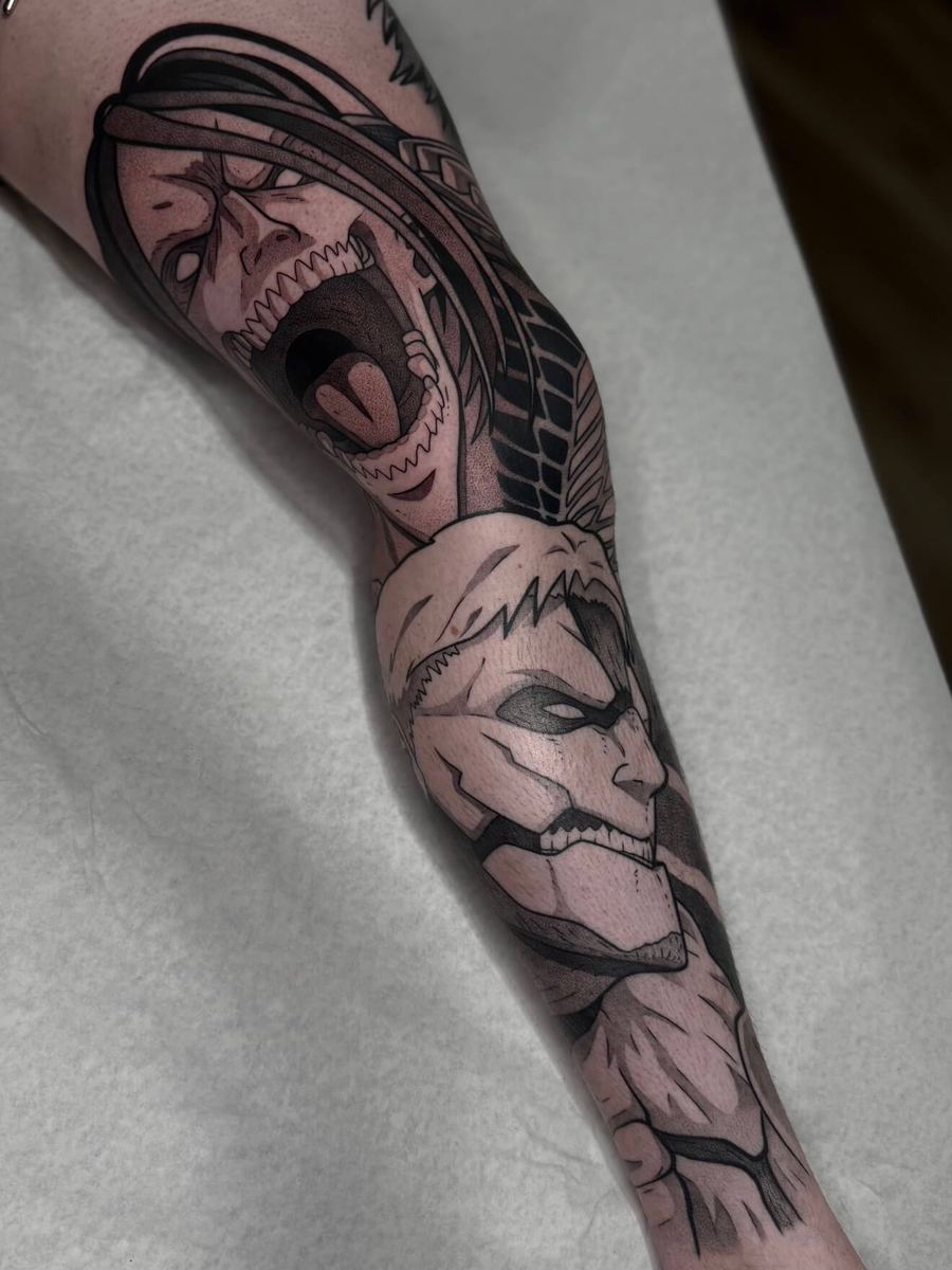 Reiner and Eren tattoo, Armored Titan and Attack Titan full leg sleeve, Attack on Titan characters in black and gray by Wade Whitman — Madison Heights MI tattoo artist