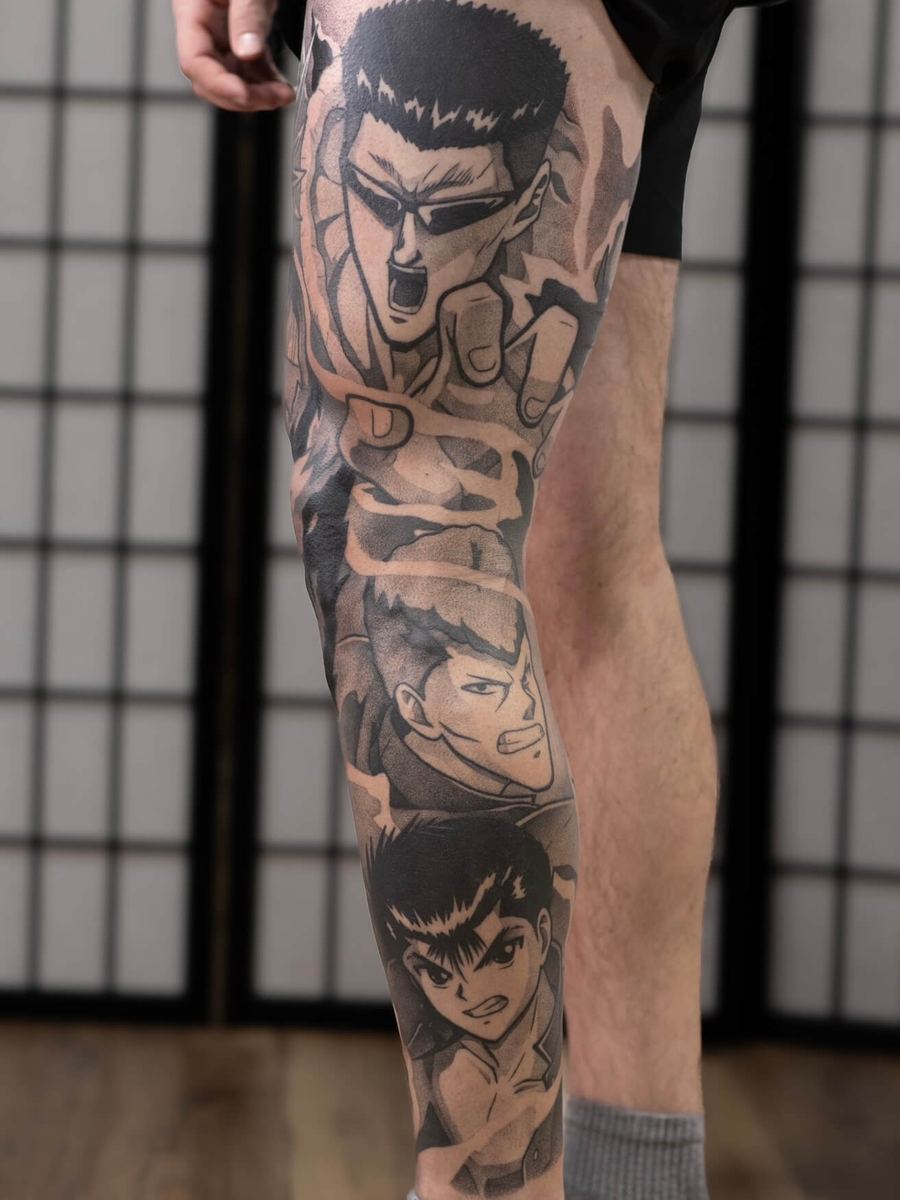 Toguro, Yusuke, and Kuwabara tattoo, Yu Yu Hakusho full leg sleeve in warm tan tones by Wade Whitman — Madison Heights MI tattoo artist