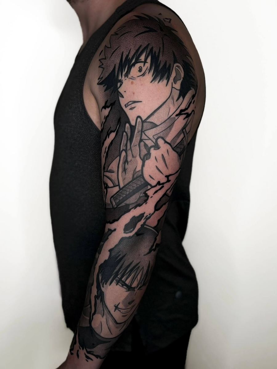 Yuta Okkotsu and Toji Fushiguro tattoo, Jujutsu Kaisen full arm sleeve, dark fitted clothing by Wade Whitman — Madison Heights MI tattoo artist