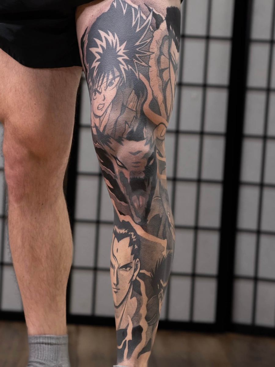 Hiei and Dragon of the Darkness Flame tattoo, Yu Yu Hakusho full leg sleeve with color composition by Wade Whitman — Madison Heights MI tattoo artist