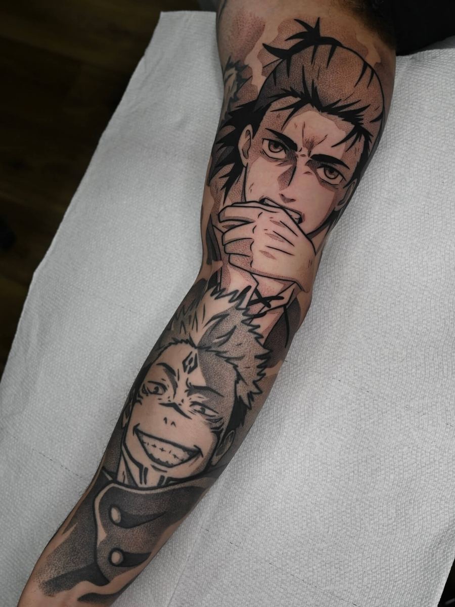 Ryomen Sukuna and Eren Yeager tattoo, Jujutsu Kaisen and Attack on Titan full arm sleeve, black and gray style by Wade Whitman — Madison Heights MI tattoo artist