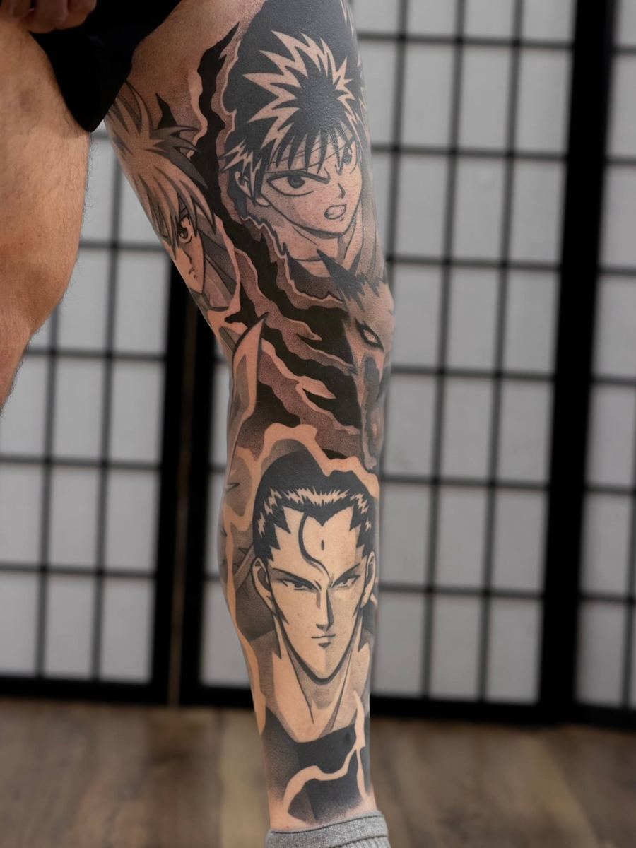 Hiei, Kurama, and Sensui tattoo, Yu Yu Hakusho full leg sleeve with Dragon of the Darkness Flame and bold linework by Wade Whitman — Madison Heights MI tattoo artist