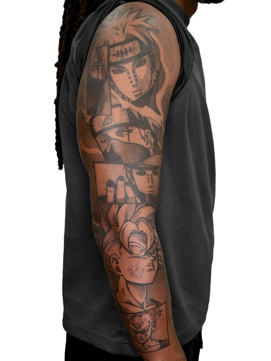 Kakashi Hatake, Pain, and Gohan tattoo, Naruto and Dragon Ball Z full arm sleeve with dark shading detail by Wade Whitman — Madison Heights MI tattoo artist