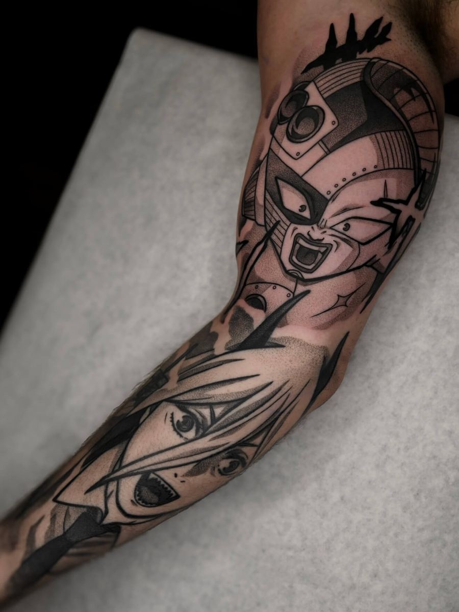 Power and Mecha Frieza tattoo, Chainsaw Man and Dragon Ball Z full leg sleeve with patterned shading by Wade Whitman — Madison Heights MI tattoo artist