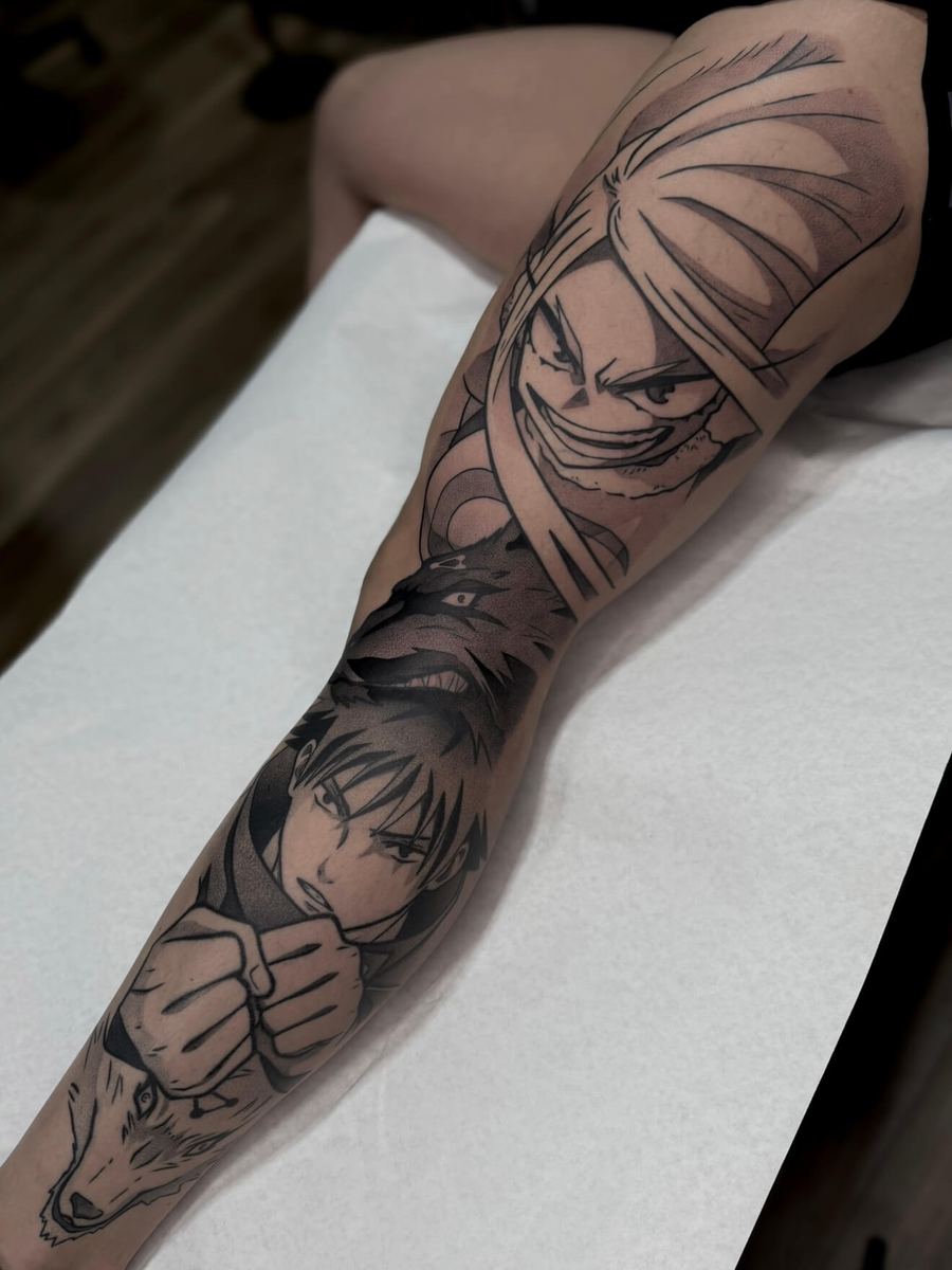 Megumi Fushiguro and Mirko tattoo, Jujutsu Kaisen and My Hero Academia full leg sleeve with demon dogs and bandaged-hand detail by Wade Whitman — Madison Heights MI tattoo artist
